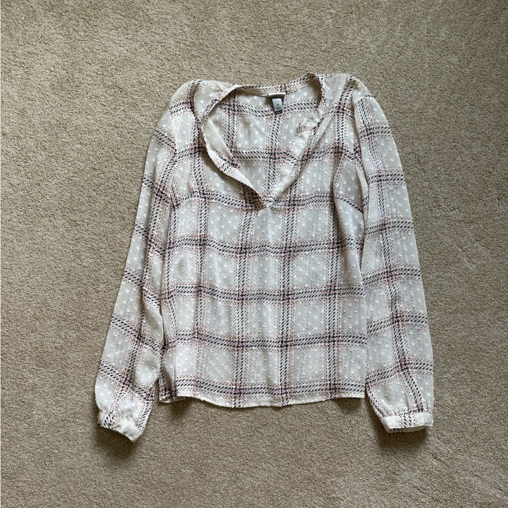 a new day Cream Plaid Eyelet Top with Pink and Blue Accents